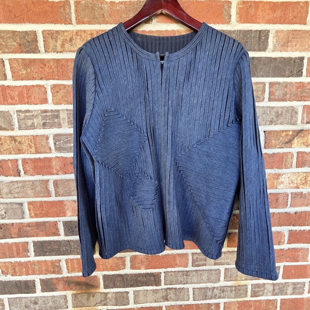 Laura Ashley Petite Zippered Geometric Pleat Jacket Navy
